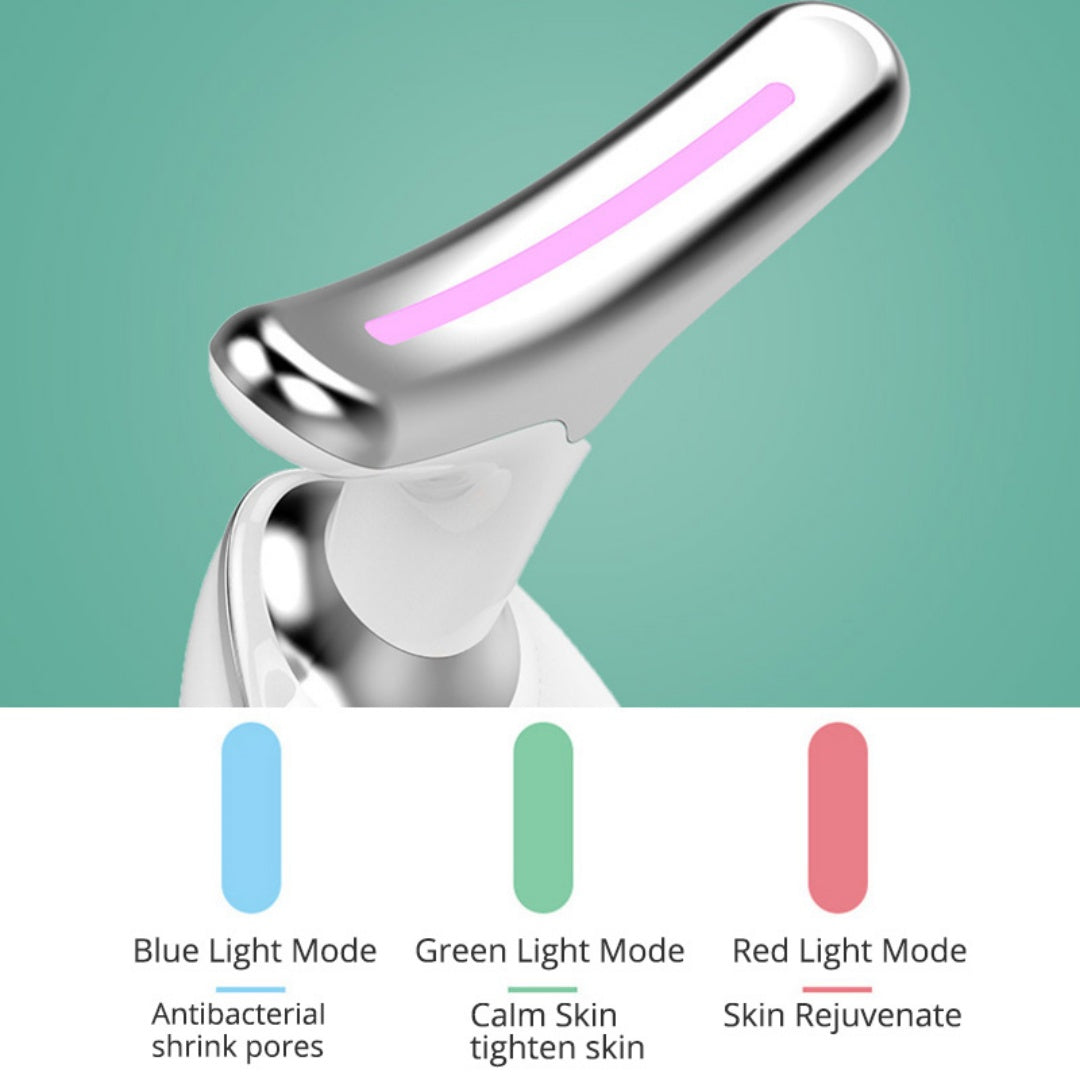 LED neck and face beauty device with EMS microcurrent therapy
Anti-aging neck massager with red blue and green LED light therapy
Portable facial tightening device with heat massage and ion cleansing
Rechargeable wrinkle reducing beauty tool for neck and face care