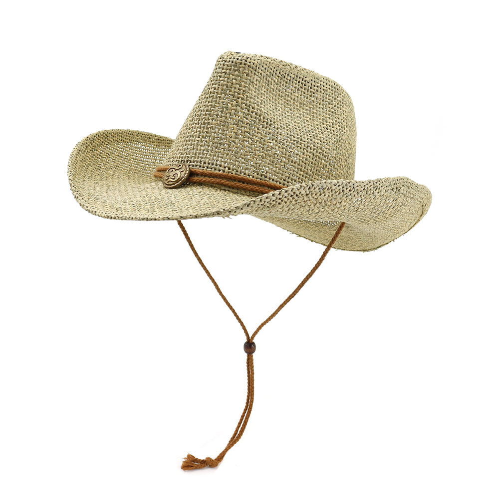 Beige straw hat with a brown band and tassel on a white background