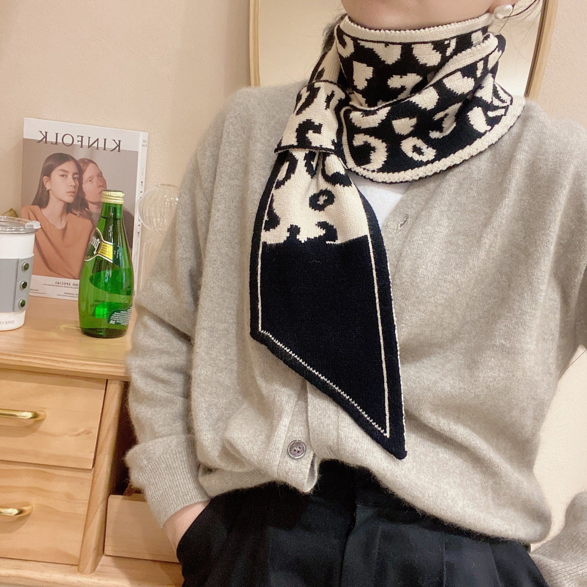 Houndstooth Knit Scarf – Lightweight Narrow Winter Layering Fashion Scarf.