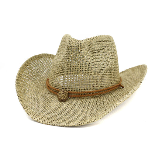 Beige straw cowboy hat with a brown leather band on a white background