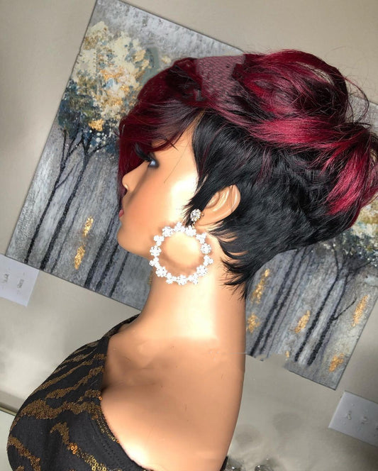 Dark Red Pixie Cut Human Hair Wig – Short Burgundy Bob Natural Hairline Wig.