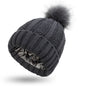 Fashion Stretchy Satin Lined Skull Knit Hats Beanie Hat Faux Fur Pom Pom Hat Winter Keep Warming Beanie Hat