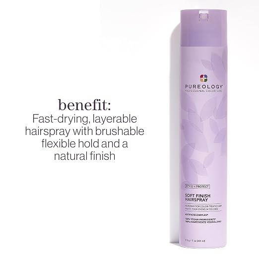 Pureology Soft Finish Hairspray bottle in a light lavender purple color, shown next to descriptive text highlighting its fast-drying and flexible hold benefits on a white background.