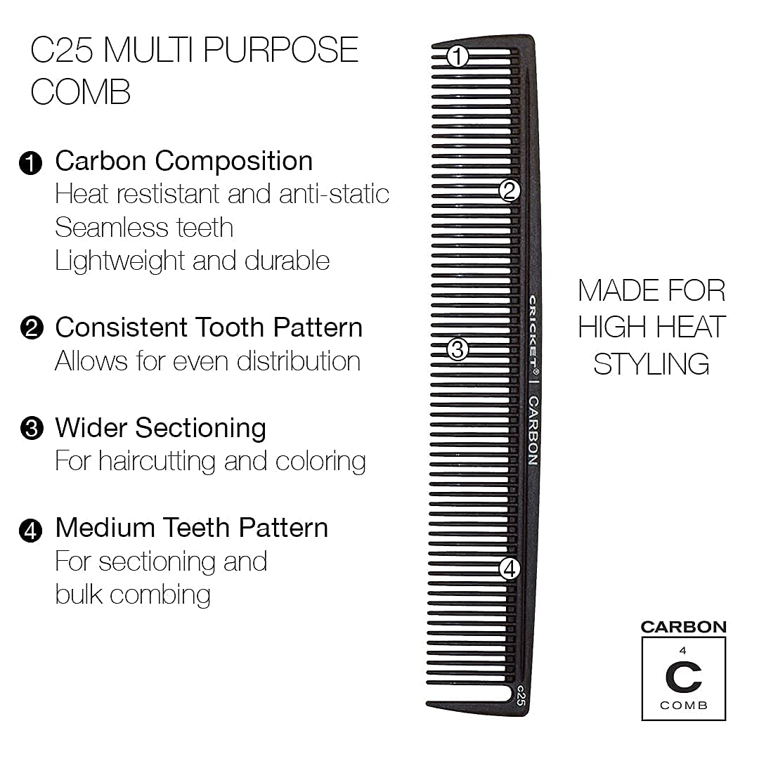 Black comb with text detailing features on a white background
