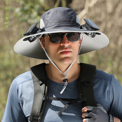 Person wearing a wide-brimmed hat with sunglasses and a backpack outdoors