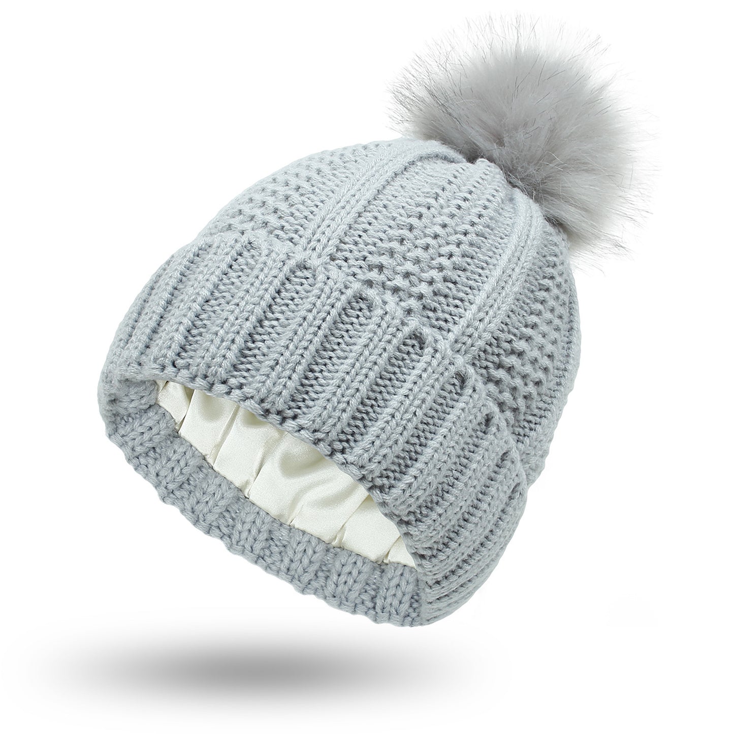 Fashion Stretchy Satin Lined Skull Knit Hats Beanie Hat Faux Fur Pom Pom Hat Winter Keep Warming Beanie Hat
