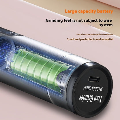 Foot grinder with green grinding stones, featuring text about battery capacity and portability.
