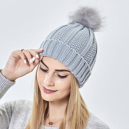 Fashion Stretchy Satin Lined Skull Knit Hats Beanie Hat Faux Fur Pom Pom Hat Winter Keep Warming Beanie Hat