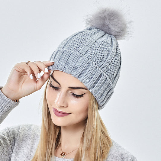 Fashion Stretchy Satin Lined Skull Knit Hats Beanie Hat Faux Fur Pom Pom Hat Winter Keep Warming Beanie Hat