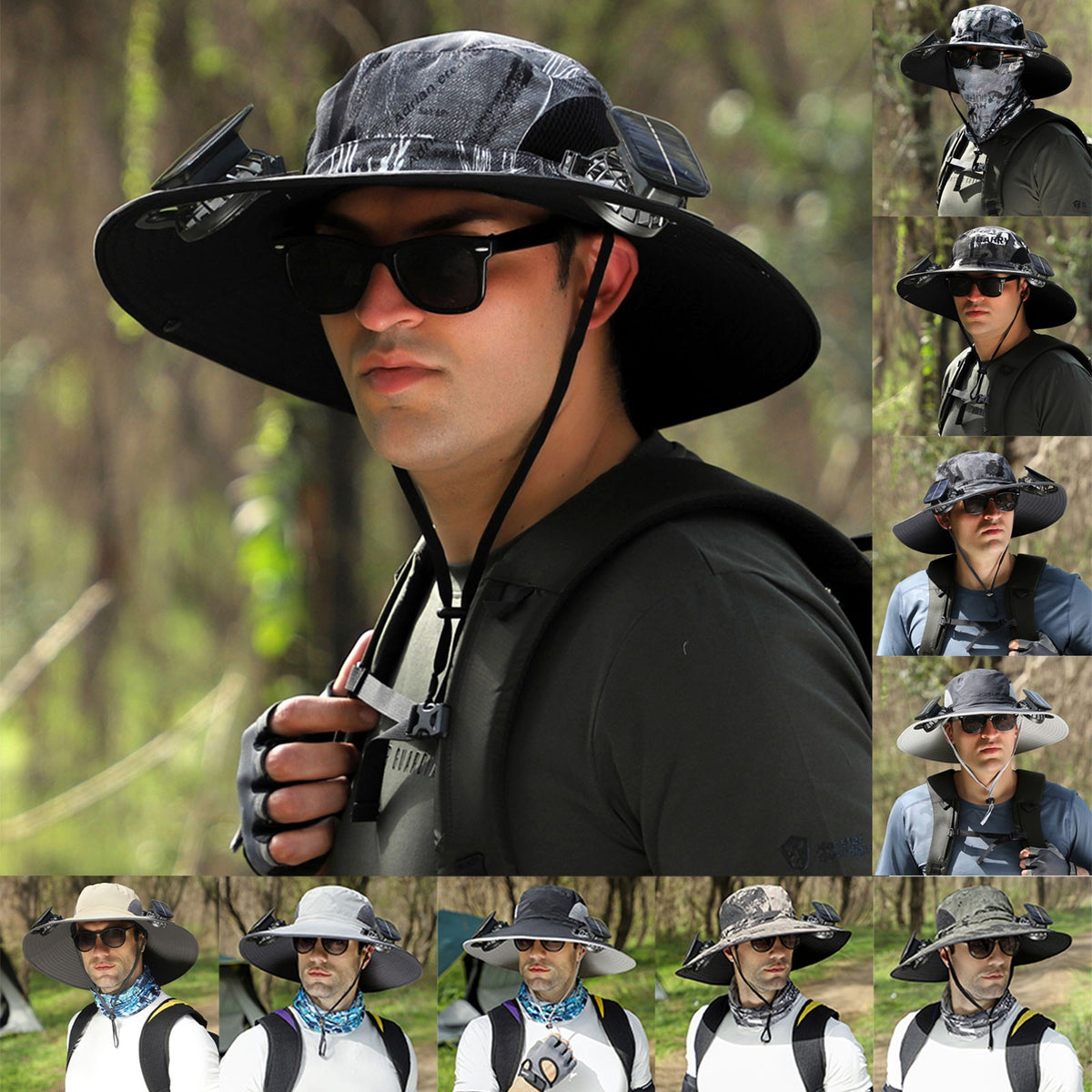 A man wearing a wide-brimmed black and gray camouflage boonie hat with a chin strap, sunglasses, and a black shirt, shown in a forest setting. The main panel is large, with eight smaller thumbnail panels along the bottom showing the hat from different angles and in different lighting.