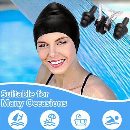 3pcs Swimming Cap Long Hair, Nose Clip Earplug Set, Silicone Swimming Cap with 3D Earmuffs, Waterproof Adult Swimming Cap, Shower Cap, Unisex, Keep Hair Dry