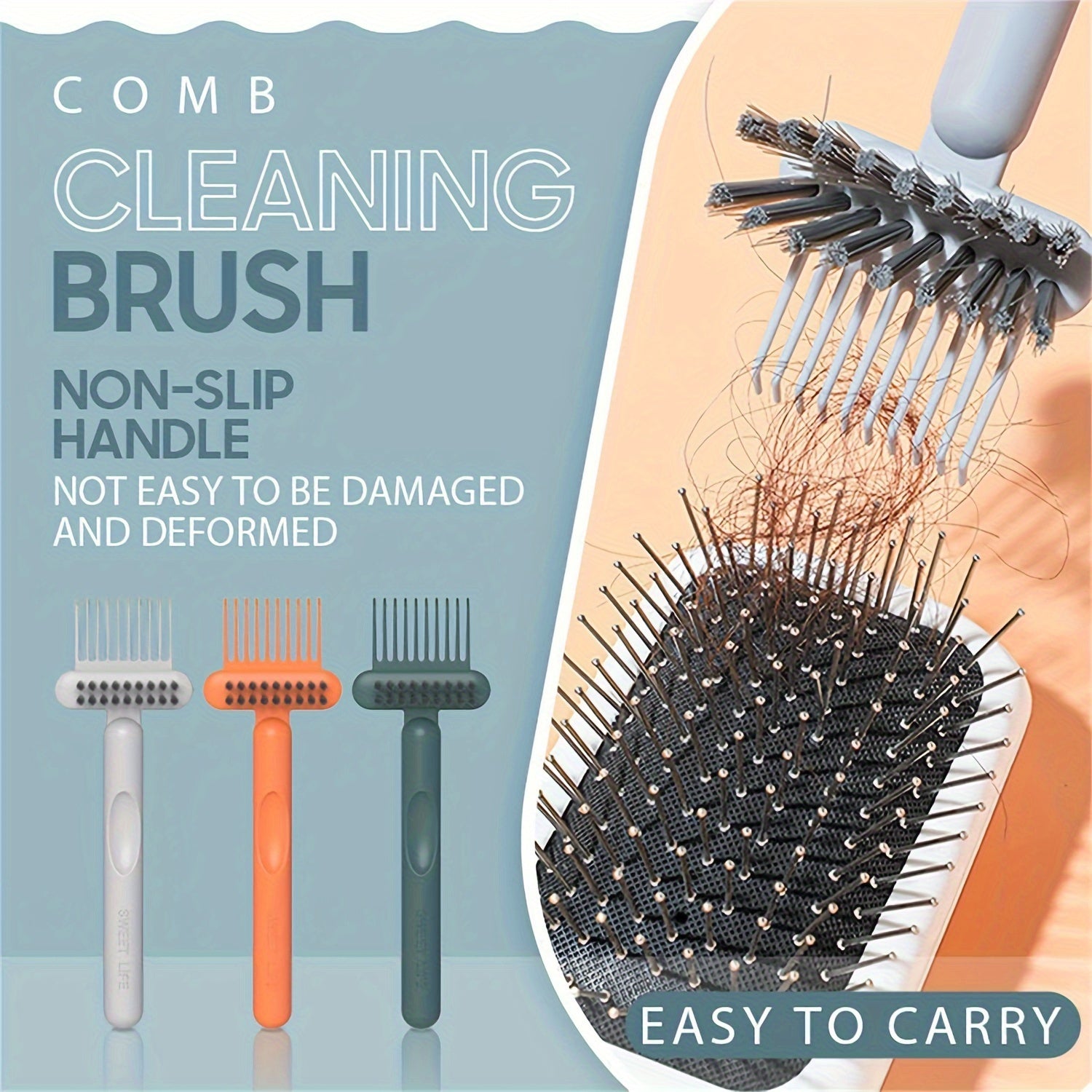 Comb cleaning brush with non-slip handle and easy carrying feature, showing hair removal 