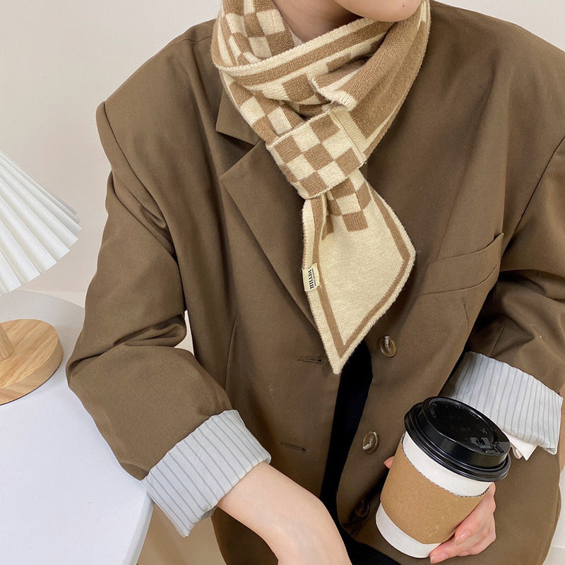 Houndstooth Knit Scarf – Lightweight Narrow Winter Layering Fashion Scarf.