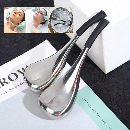 Stainless steel ice scoops for facial and neck massage
Cooling massage tool for reducing puffiness and refreshing skin
Durable ice scoops in silver and gold for home spa treatments