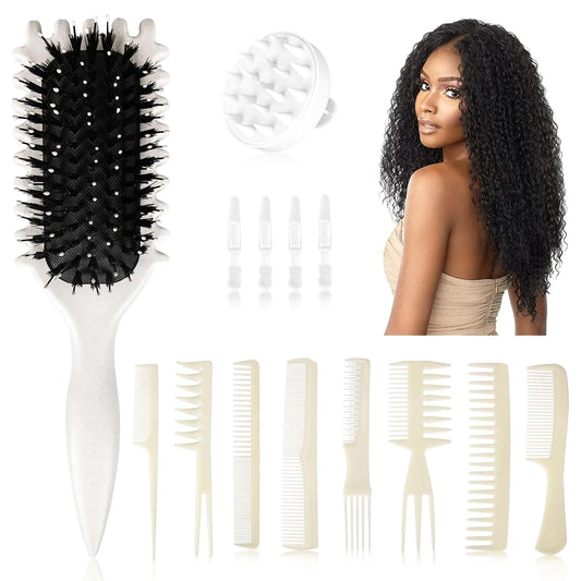 Brush Combo Set – Hair Styling Tools for All Hair Types Includes Scalp Massager for Hair Washing 8-Piece Comb Set and 4 Hair Styling Clips(Aura)
