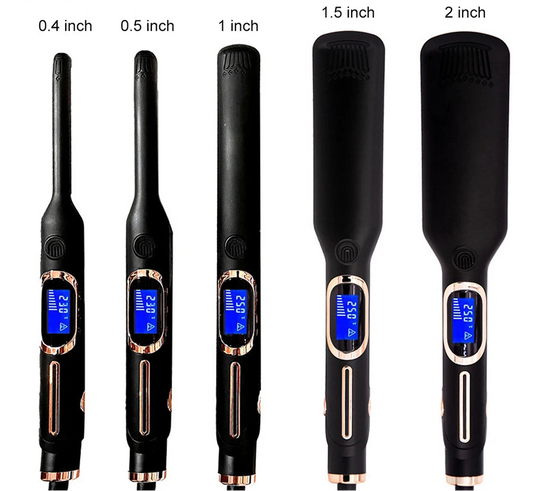 Set of black hair straightening tools with digital displays and size indicators