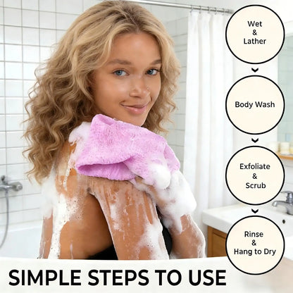 Woman with a pink towel and soap suds, with steps to use displayed.