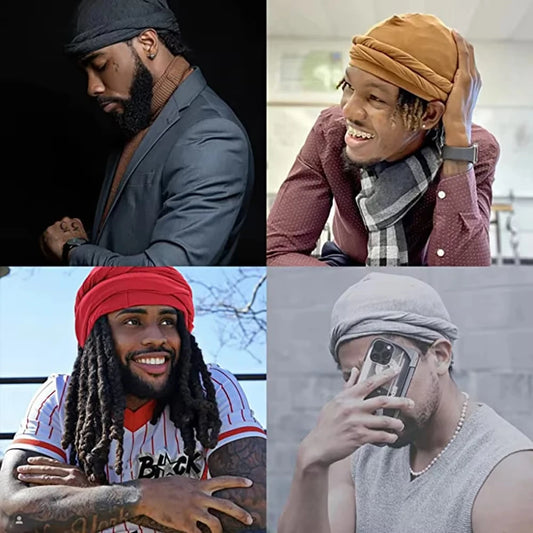 Four images of men wearing beanies and headscarves in various settings.