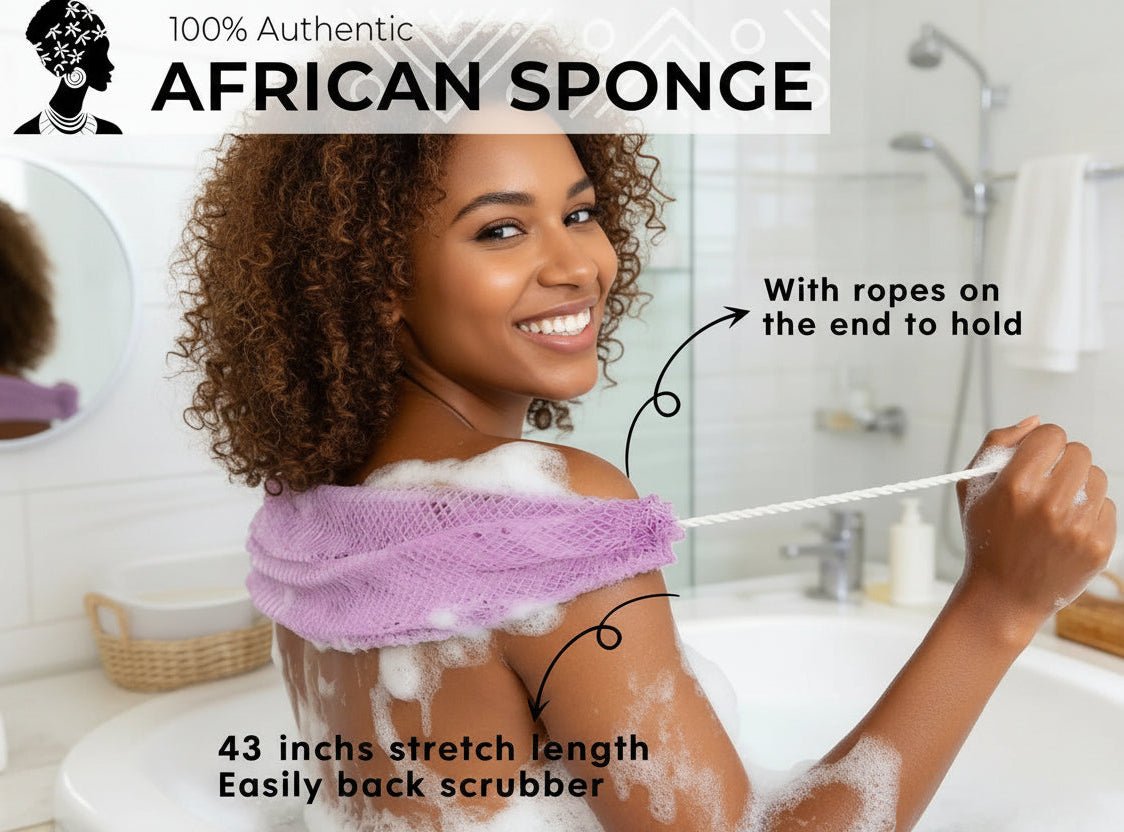 Woman using an African sponge in a bathroom setting with text highlighting features.