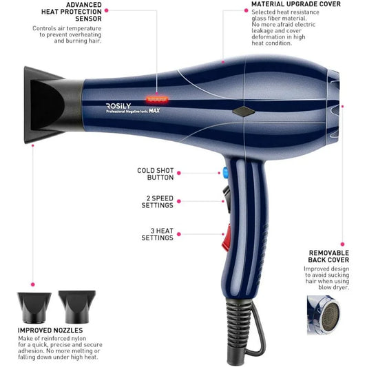 Rosily Max Ionic Hair Dryer with negative ions for frizz control, salon-grade power cord, and fast, smooth drying