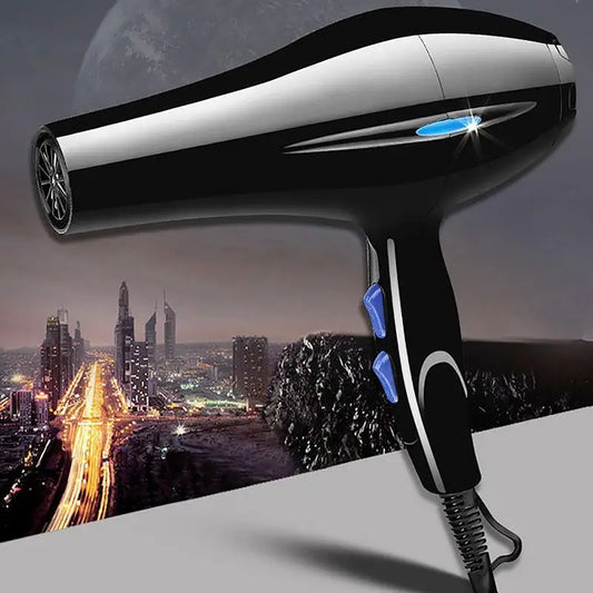 Black hair dryer with blue accents on a cityscape background