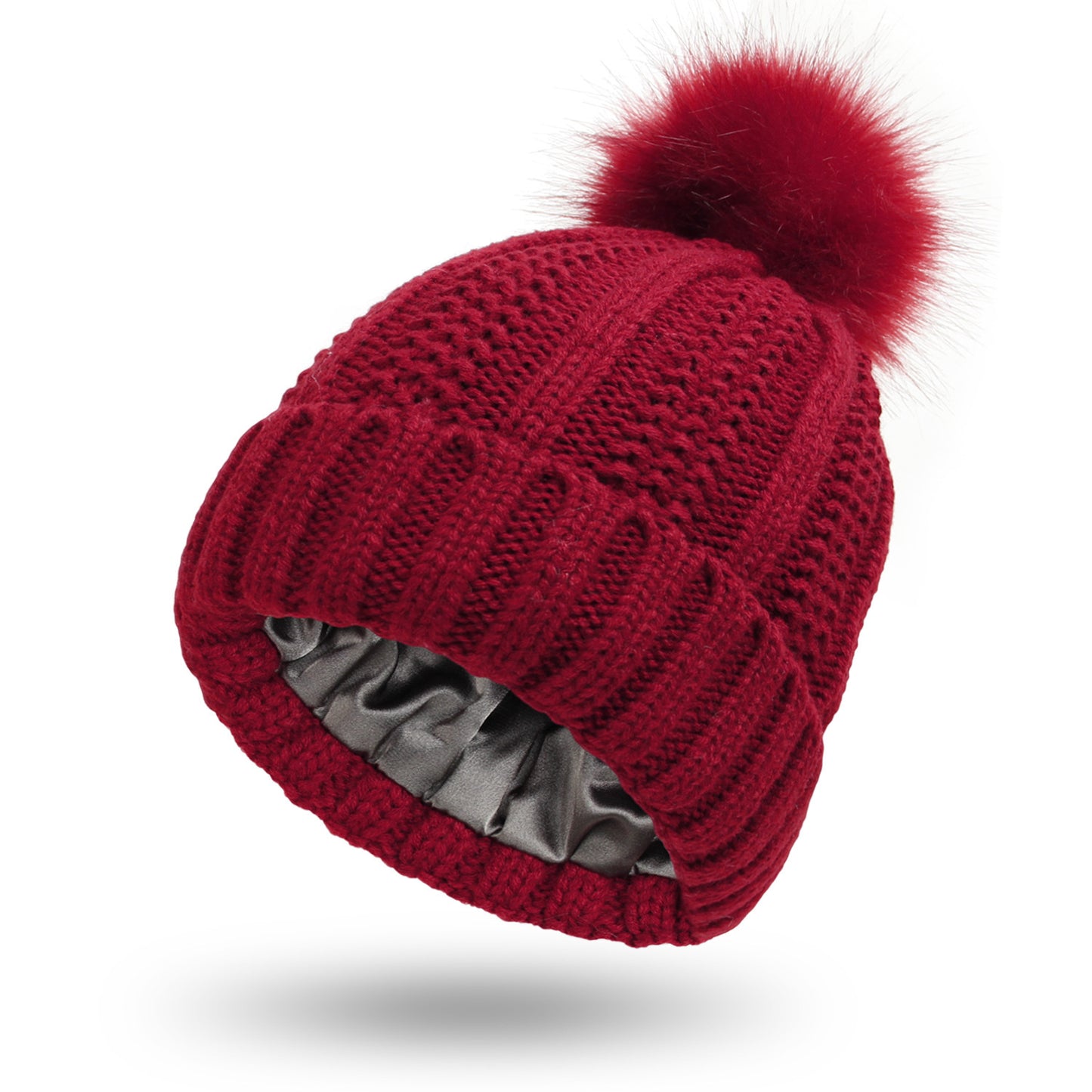 Fashion Stretchy Satin Lined Skull Knit Hats Beanie Hat Faux Fur Pom Pom Hat Winter Keep Warming Beanie Hat