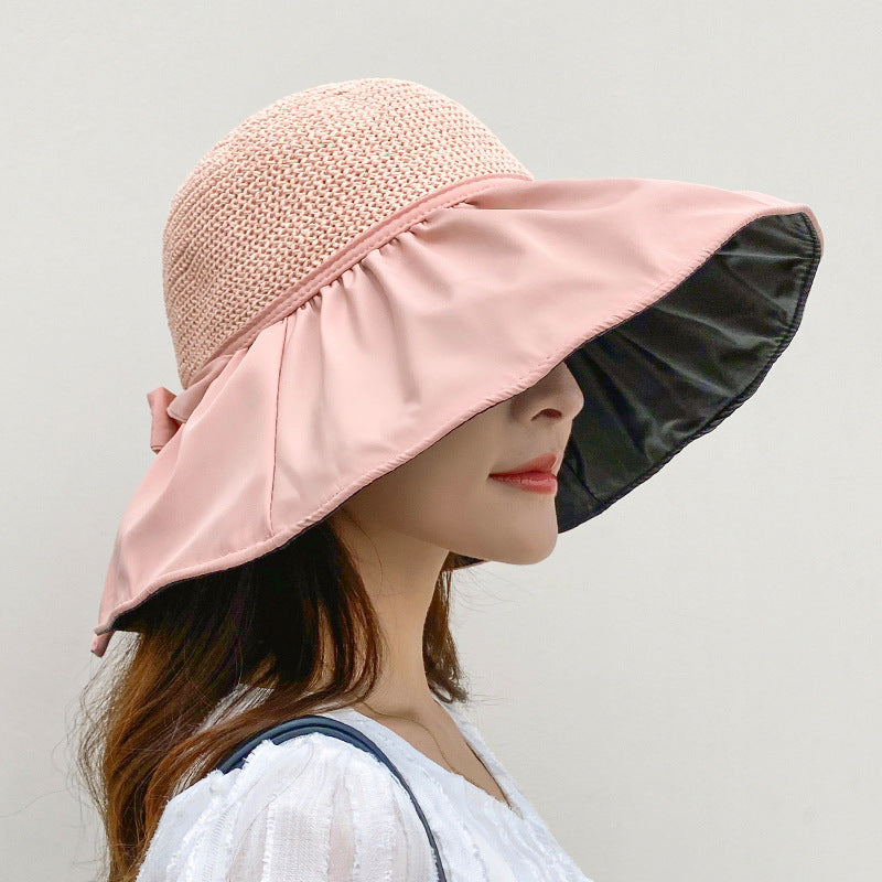 Satin bow visor in multiple colors including black, pink, beige, and ginger