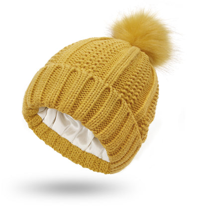 Fashion Stretchy Satin Lined Skull Knit Hats Beanie Hat Faux Fur Pom Pom Hat Winter Keep Warming Beanie Hat