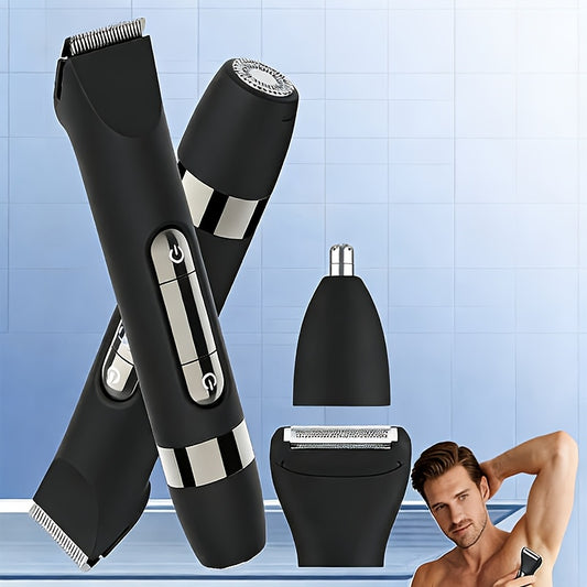 4-in-1 electric shaver for men with beard and nose trimmer attachments
USB rechargeable men's body groomer and private part trimmer
Multifunction cordless electric razor for beard and body grooming
Men's grooming kit with hair remover and nose hair trimmer