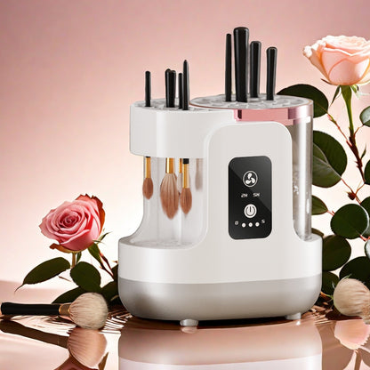 White brush cleaner with brushes on a pink background with roses and leaves.