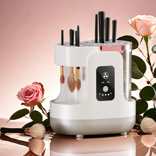 White brush cleaner with brushes on a pink background with roses and leaves.