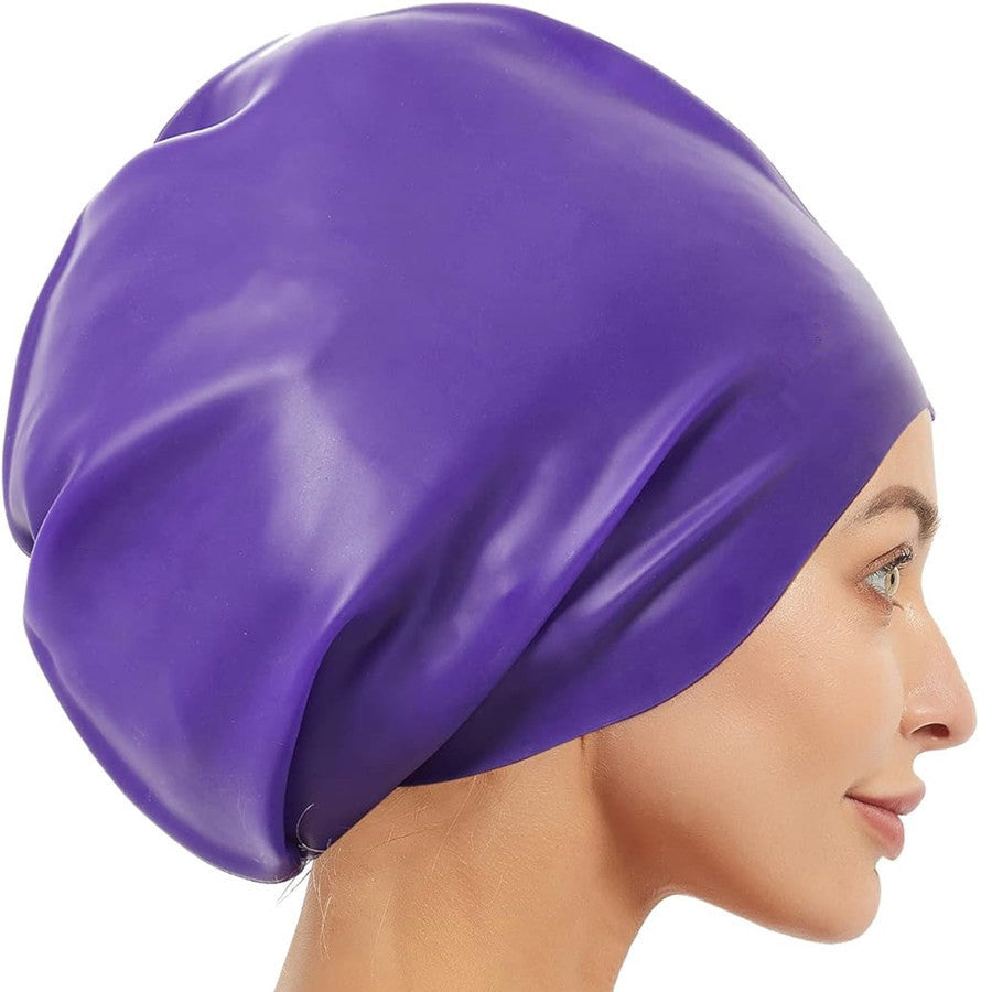 Extra-large waterproof silicone swimming cap designed to fully cover hair and protect ears, featuring a non-squeezing head fit for comfort during swimming