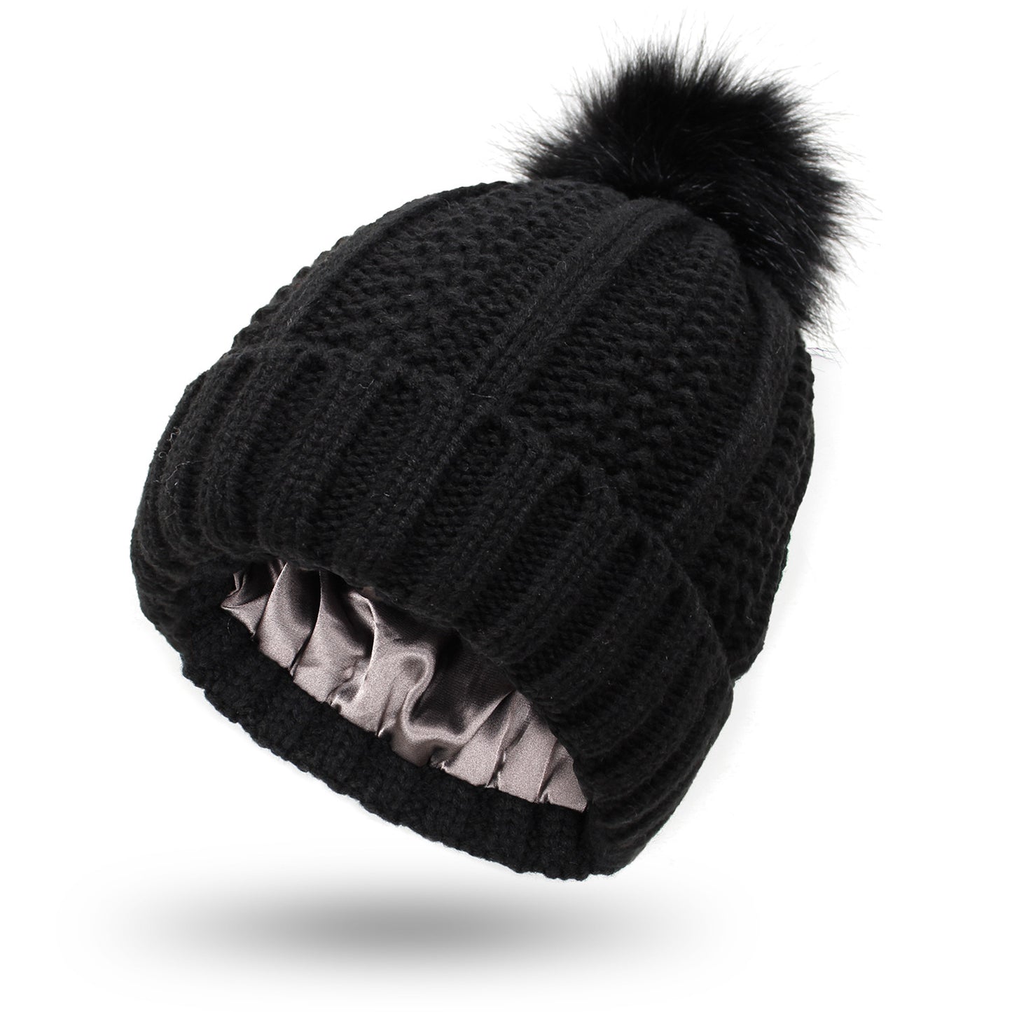 Fashion Stretchy Satin Lined Skull Knit Hats Beanie Hat Faux Fur Pom Pom Hat Winter Keep Warming Beanie Hat