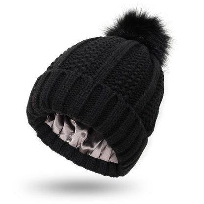 Fashion Stretchy Satin Lined Skull Knit Hats Beanie Hat Faux Fur Pom Pom Hat Winter Keep Warming Beanie Hat
