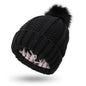 Fashion Stretchy Satin Lined Skull Knit Hats Beanie Hat Faux Fur Pom Pom Hat Winter Keep Warming Beanie Hat