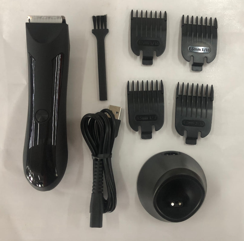 Black hair trimmer set with attachments and charging cable on a white background