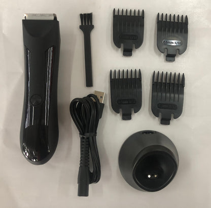 Black hair trimmer set with attachments and charging cable on a white background