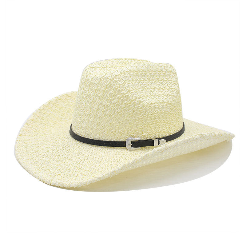 khaki straw cowboy hat wide brim woven western style
straw western hat black ribbon band metal buckle detail
breathable straw cowboy hat for beach rodeo outdoor wear
elegant woven straw hat wide brim sun protection