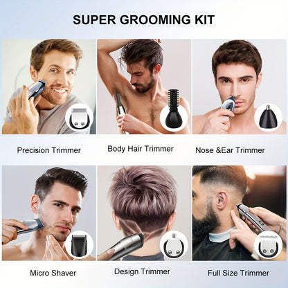 6-in-1 Professional Hair Clipper & Trimmer – Beard, Precision, Nose & Body Hair Grooming Kit