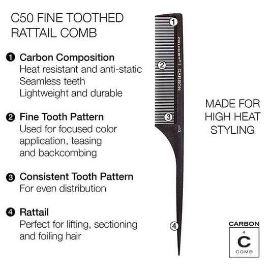 Cricket Carbon Comb C-50 Fine Tooth Rat Tail Comb – Professional Precision Sectioning & Styling Tool