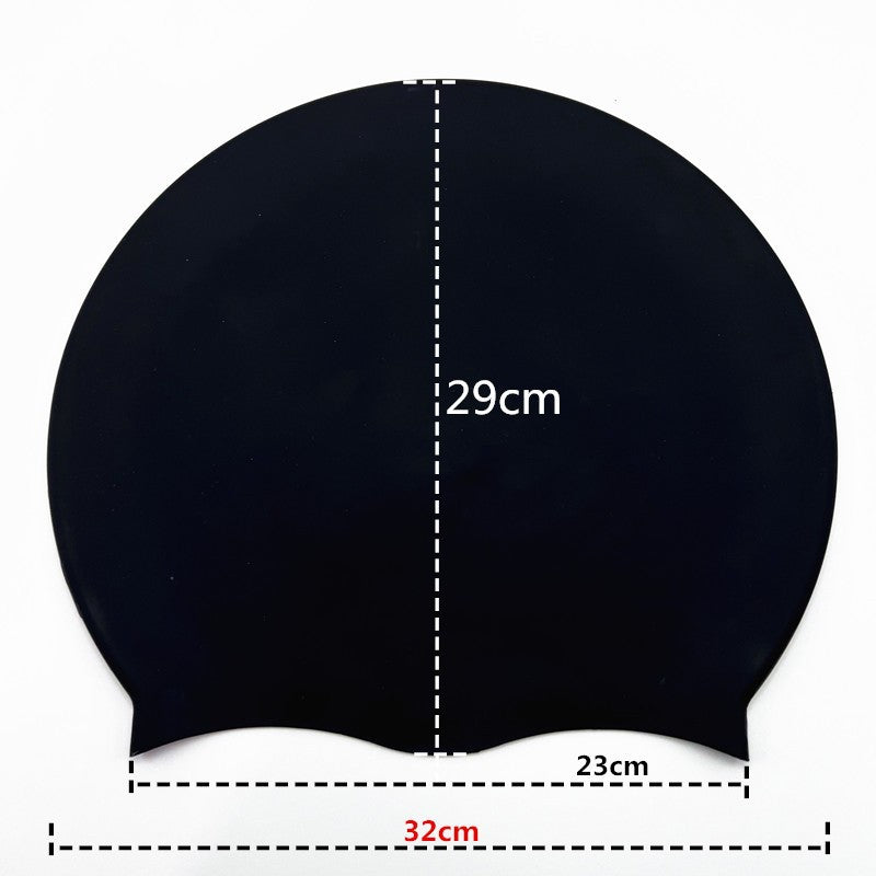 Extra-large waterproof silicone swimming cap designed to fully cover hair and protect ears, featuring a non-squeezing head fit for comfort during swimming