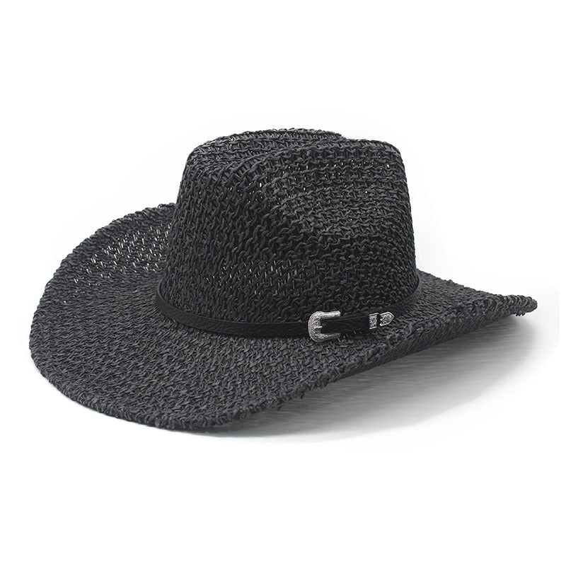 khaki straw cowboy hat wide brim woven western style
straw western hat black ribbon band metal buckle detail
breathable straw cowboy hat for beach rodeo outdoor wear
elegant woven straw hat wide brim sun protection