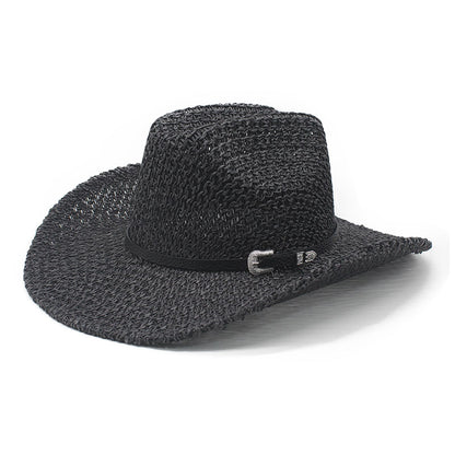 khaki straw cowboy hat wide brim woven western style
straw western hat black ribbon band metal buckle detail
breathable straw cowboy hat for beach rodeo outdoor wear
elegant woven straw hat wide brim sun protection