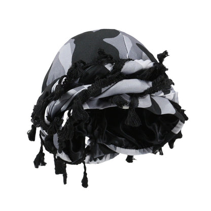 men satin lined headscarf camouflage tassel design
vintage style head wrap with twist tail streetwear look
breathable double layer headscarf for men fashion
camo print headscarf styled for casual outfit
stretch fit satin lined head wrap for daily wear