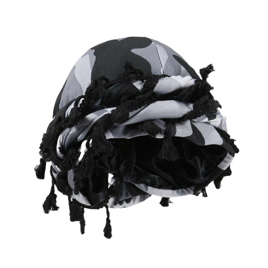 men satin lined headscarf camouflage tassel design
vintage style head wrap with twist tail streetwear look
breathable double layer headscarf for men fashion
camo print headscarf styled for casual outfit
stretch fit satin lined head wrap for daily wear