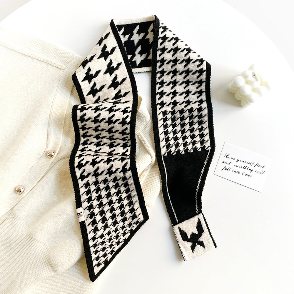 Houndstooth Knit Scarf – Lightweight Narrow Winter Layering Fashion Scarf.