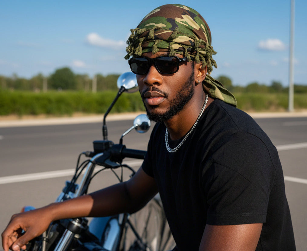 men satin lined headscarf camouflage tassel design
vintage style head wrap with twist tail streetwear look
breathable double layer headscarf for men fashion
camo print headscarf styled for casual outfit
stretch fit satin lined head wrap for daily wear