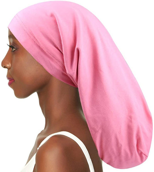 Satin lined long nightcap protecting braids and long hair
Adjustable sleep cap for dreadlocks and thick hairstyles
Woman wearing satin bonnet for frizz-free overnight hair
Long hair nightcap with secure comfortable fit