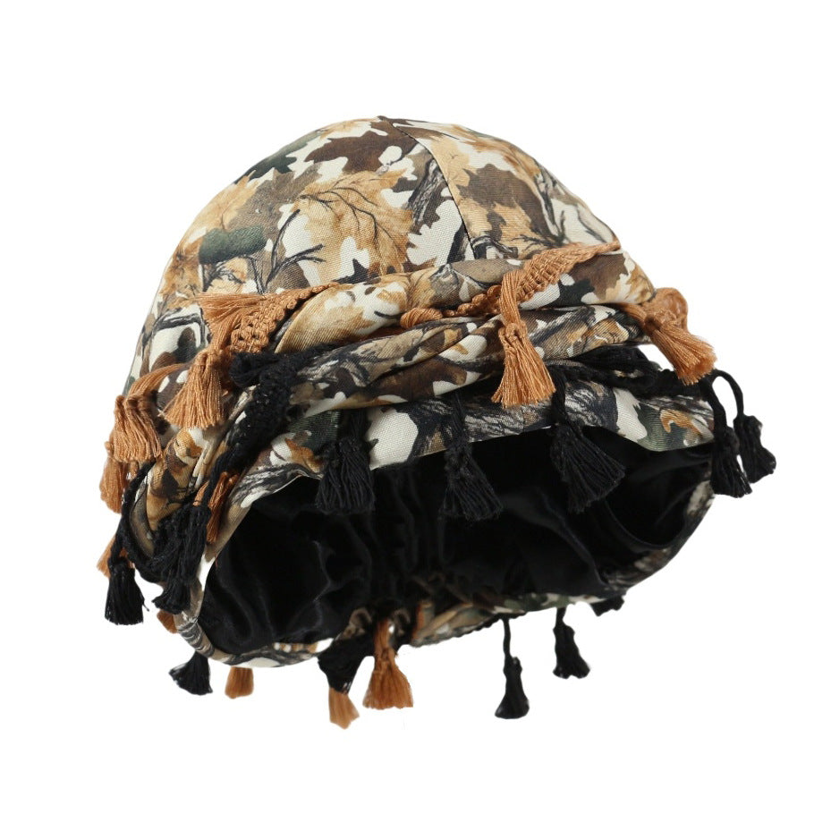 men satin lined headscarf camouflage tassel design
vintage style head wrap with twist tail streetwear look
breathable double layer headscarf for men fashion
camo print headscarf styled for casual outfit
stretch fit satin lined head wrap for daily wear