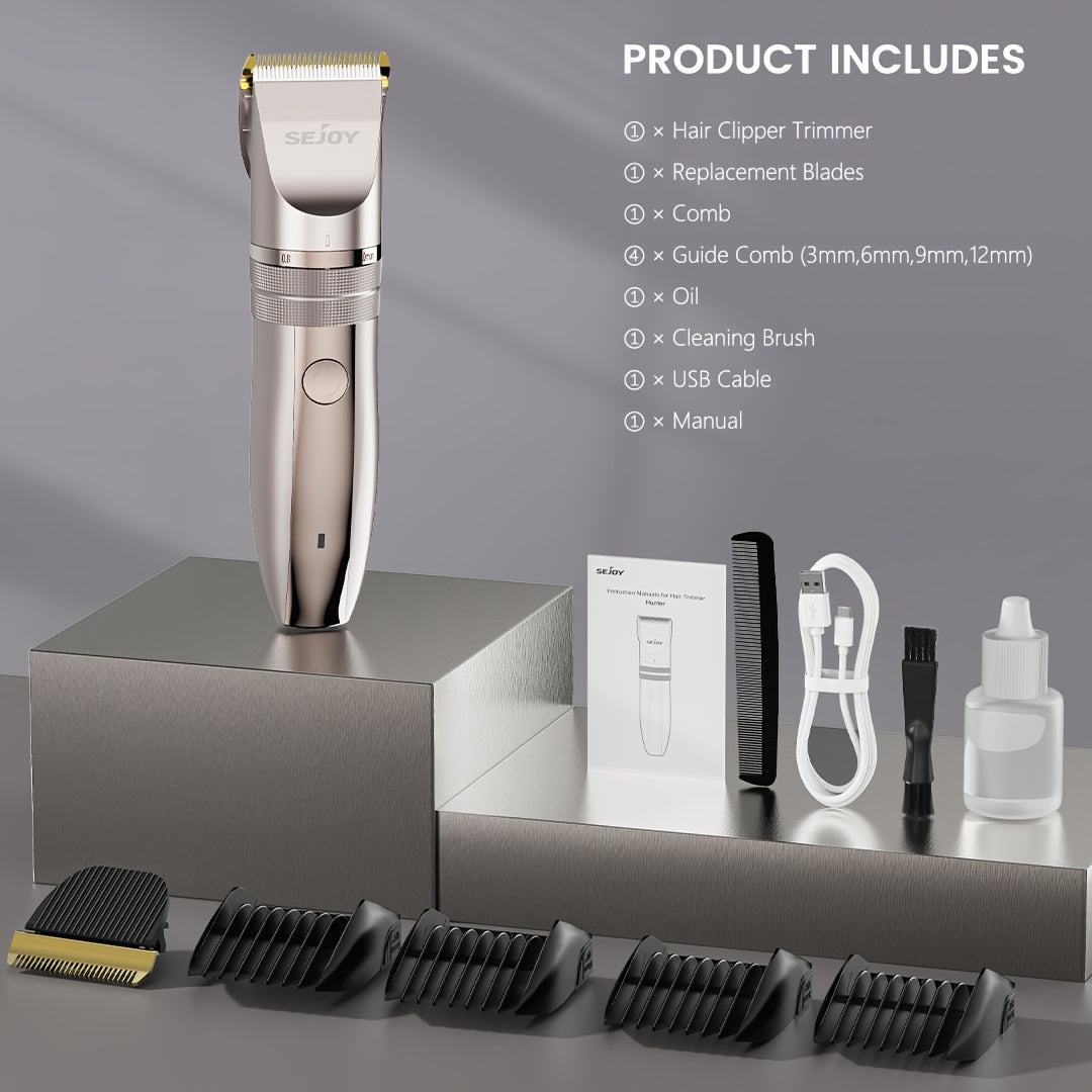 Adjustable beard trimmer with precision dial and 5 length settings
Cordless men’s beard trimmer with USB rechargeable battery
Close-up of electric beard trimmer with limit comb attachment
Men’s grooming device for mustache and beard styling